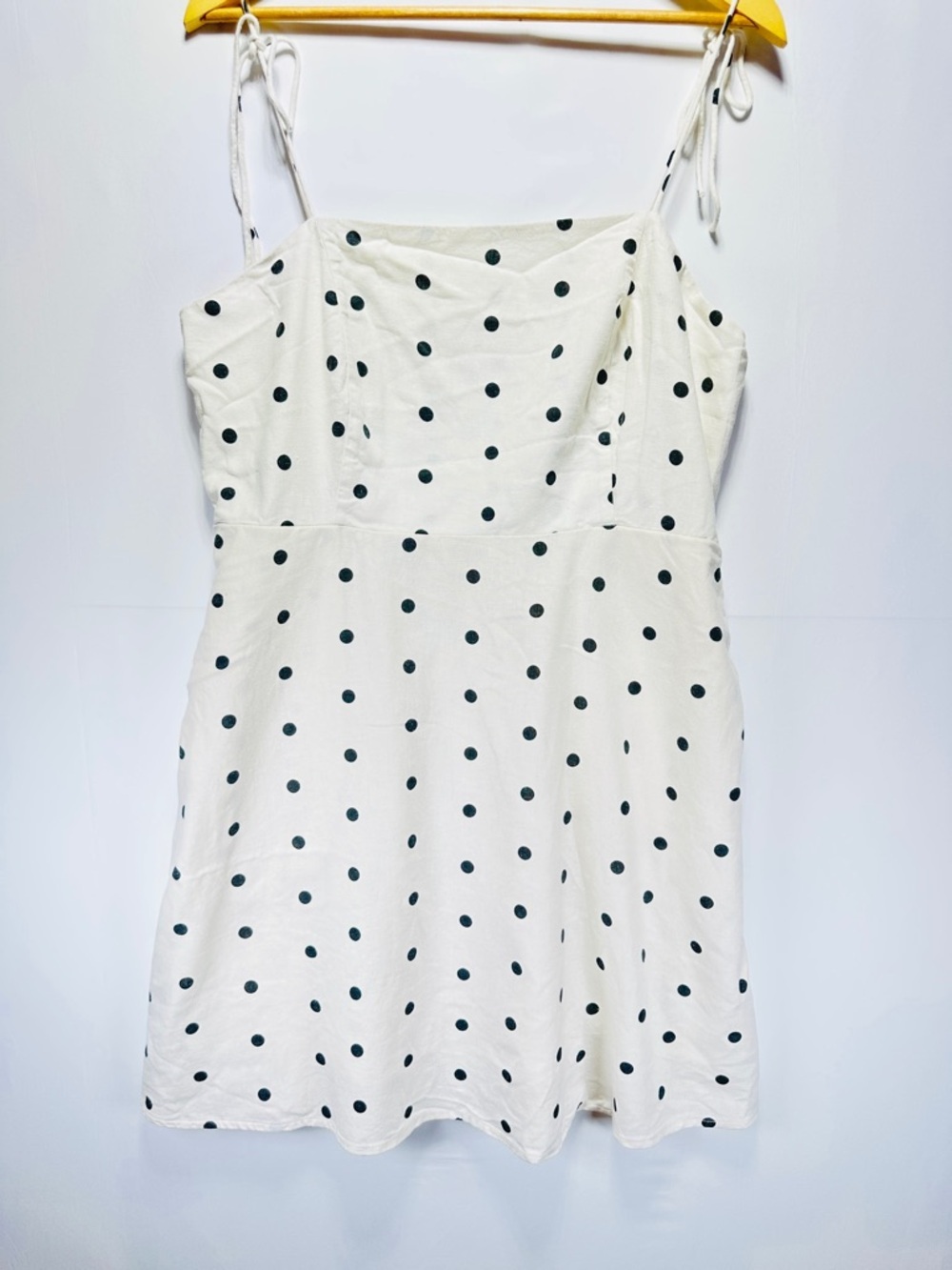 Old Navy Linen Blend Polka Dot Sundress Tie Strap Midi Dress Pockets Cream L